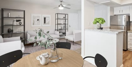 Model living room and kitchen at Haven at Water's Edge Apartments in Tampa, Florida