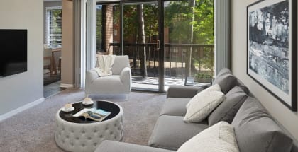 Model living room with a couch and a chair and a television at Spring Parc Apartments in Silver Spring, MD
