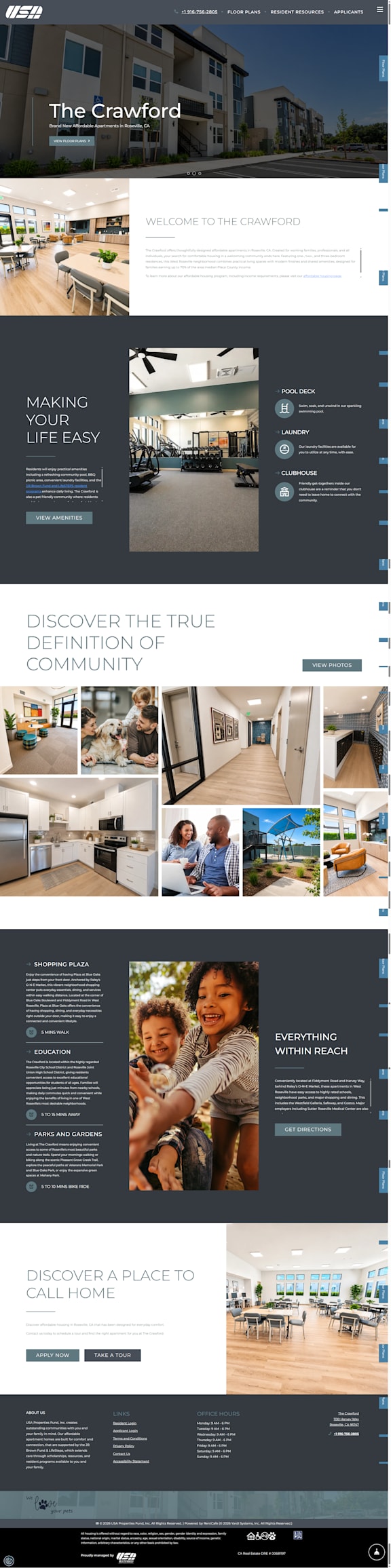 A webpage showcasing a residential building named The Crawford with various sections highlighting amenities and community features.