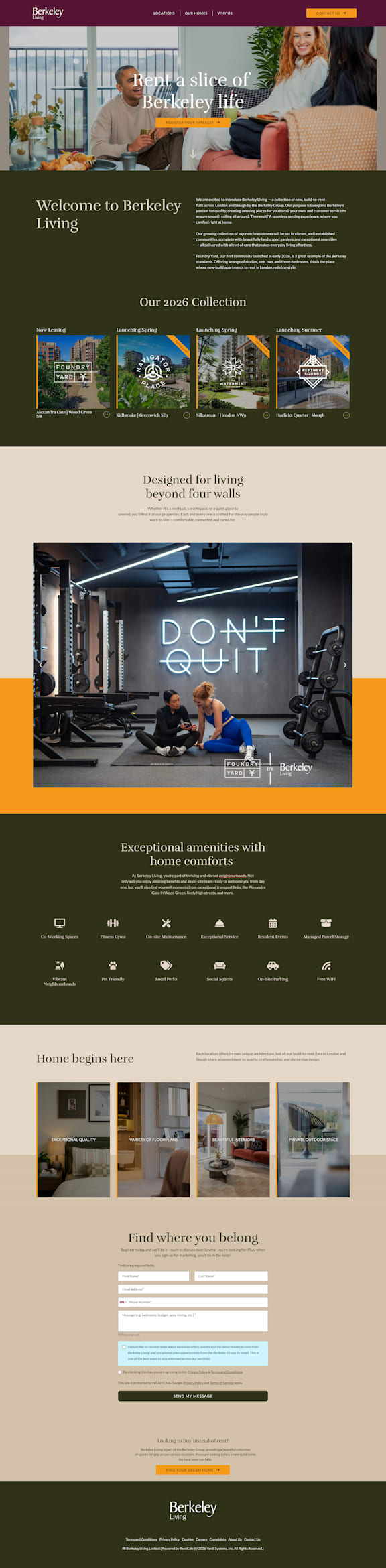 A webpage showcasing Berkeley Living's 2026 Collection with images of homes and fitness areas.
