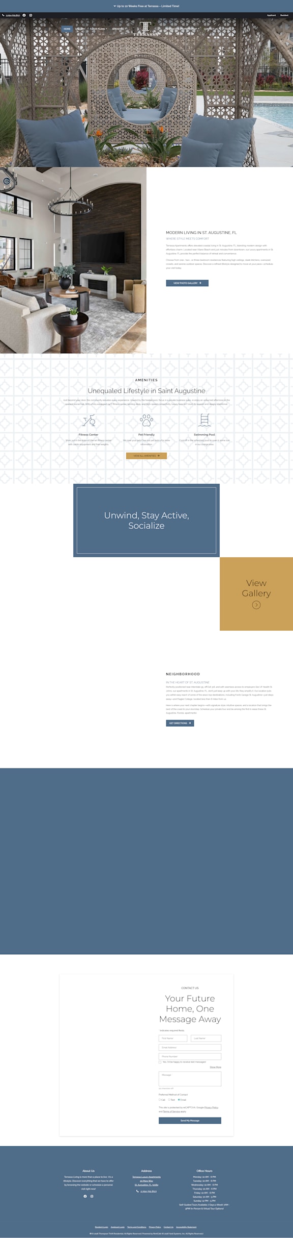 A webpage with a blue and white color scheme and various sections including a section titled 'Your Future Home, One Message Away'.