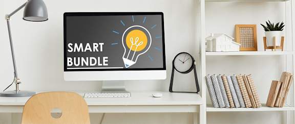 A computer monitor displays the words "SMART BUNDLE" with a light bulb icon above the text.