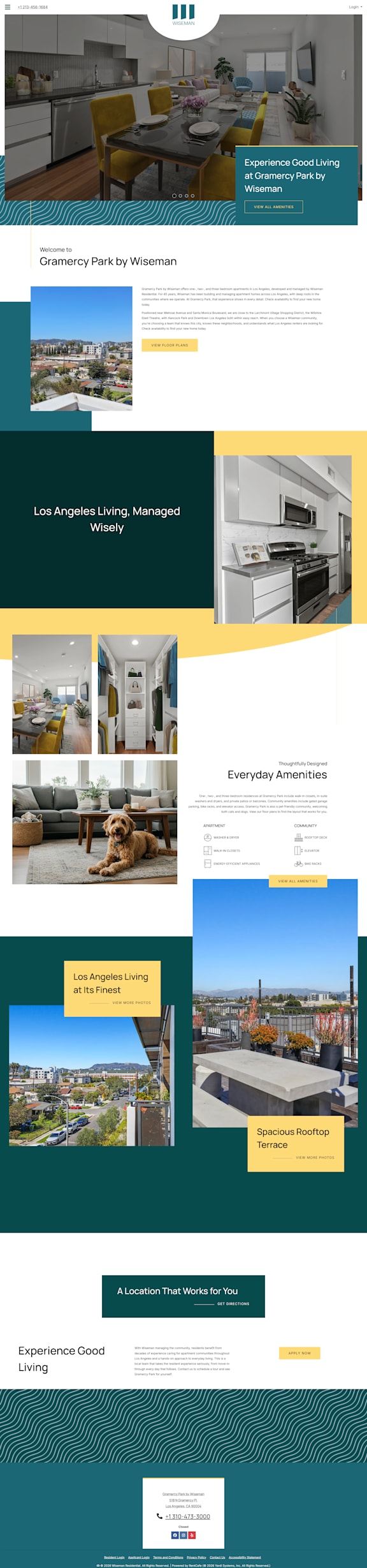 A webpage showcasing various living spaces and amenities.