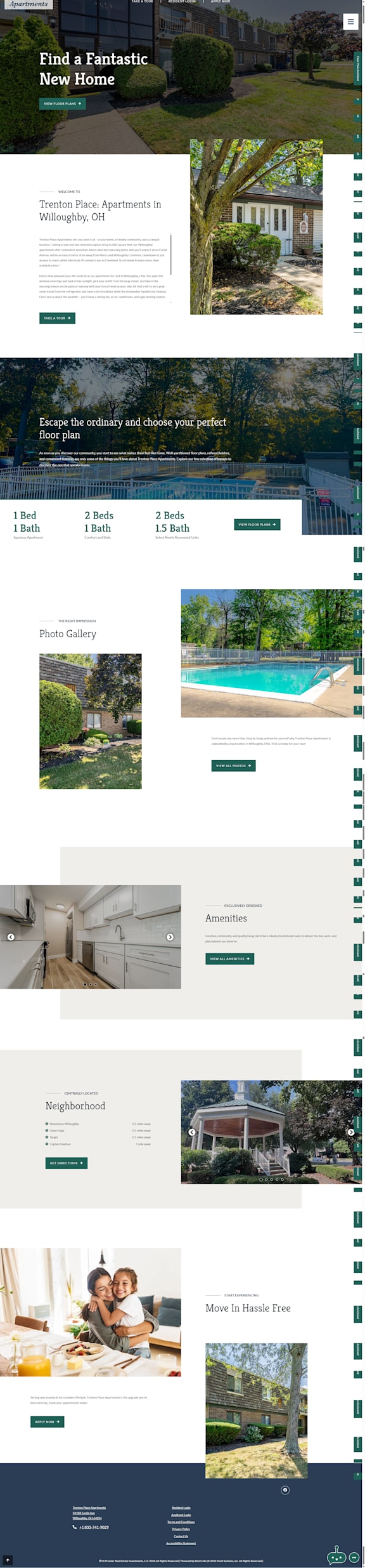 A webpage showcasing various aspects of a property for sale, including floor plans, amenities, and neighborhood.