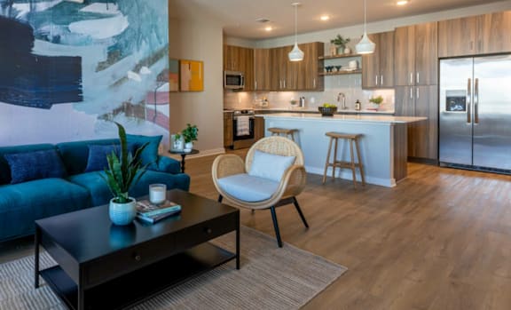 Alton Mill District Apartments in Charlotte, North Carolina Model Living Room and Kitchen with Large Island