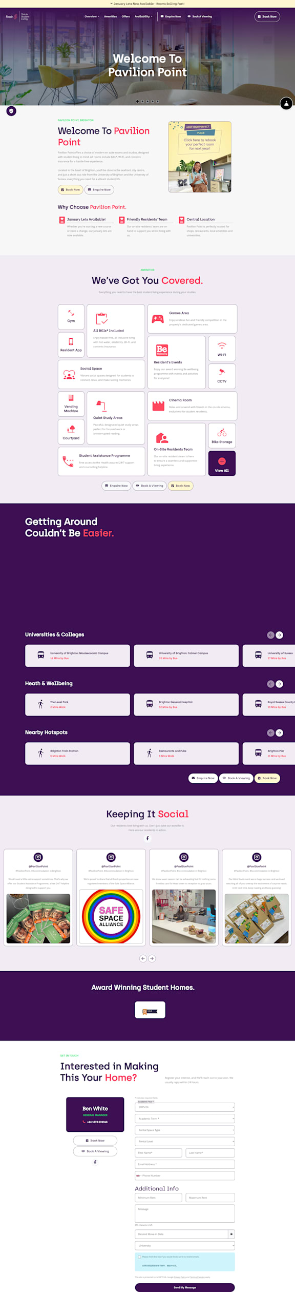 A webpage with a purple theme and various sections including a welcome message, social media links, and a form for making a home.