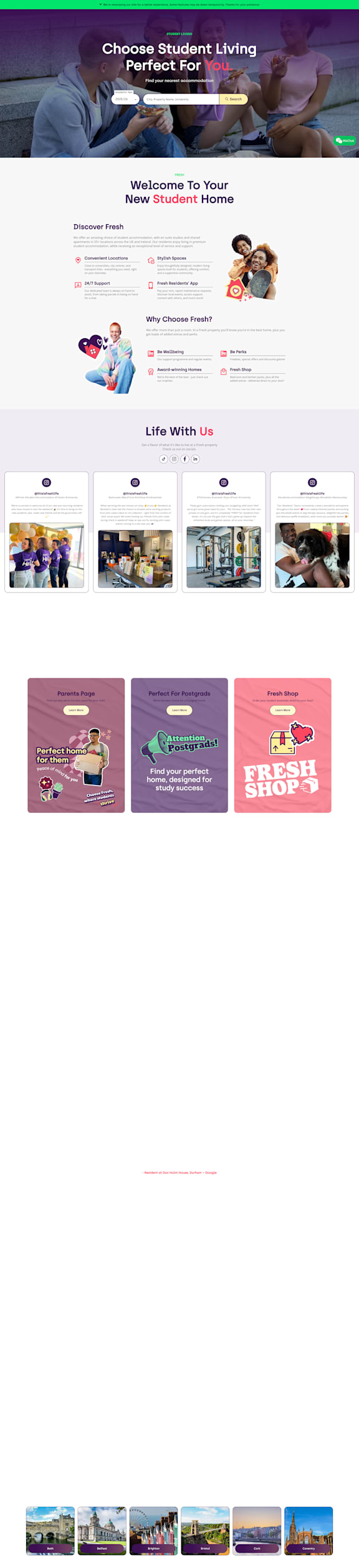 A webpage with a purple theme and various sections including a welcome message, social media links, and a form for making a home.