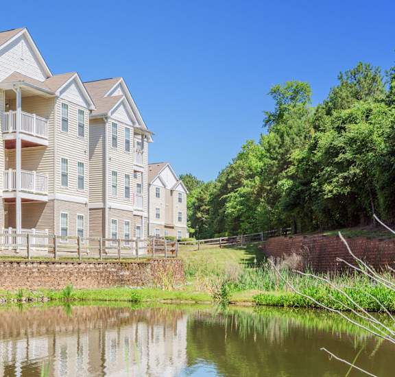 building exterior and pond