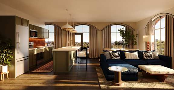 Memoir May Hosiery New Apartments in Nashville, Tennessee Kitchen and Living Room Rendering