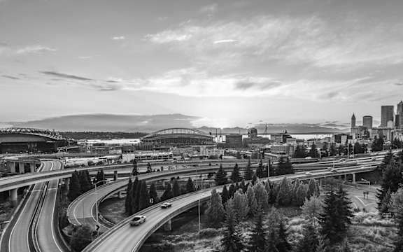 a black and white photo of the city