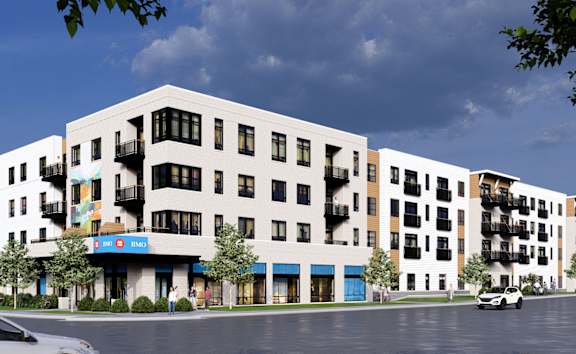 A rendering of a modern apartment complex at Bloom Monona LLC, Monona, 53716