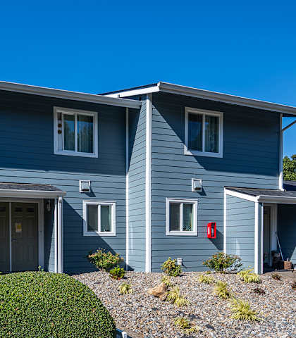 A grey house with a green bush in front.