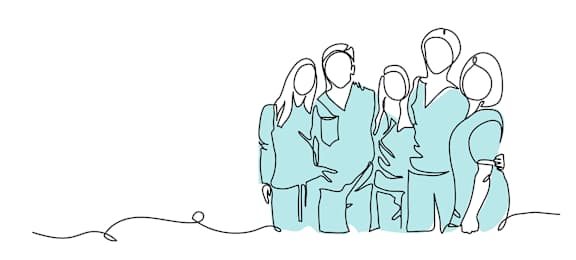 A line drawing of a group of people in blue.