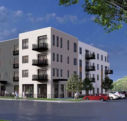 A rendering of a modern apartment complex at Bloom Monona LLC, Wisconsin, 53716