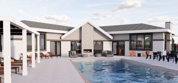 a rendering of a house with a pool in the foreground