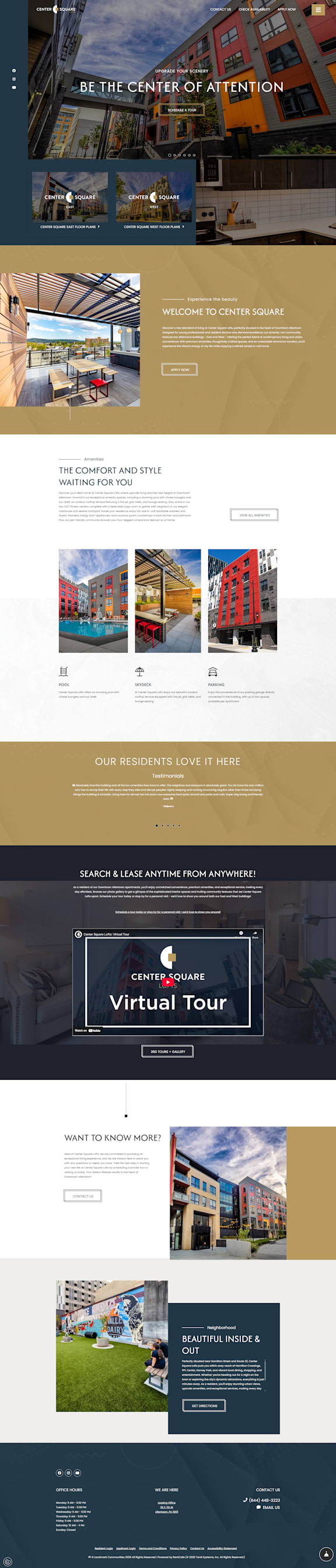 A webpage showcasing various images of a modern apartment complex with the text "BE THE CENTER OF ATTENTION" and "WELCOME TO CENTER SQUARE".