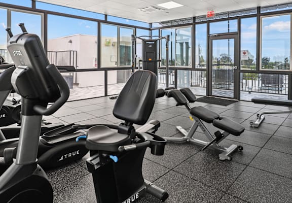 a gym with cardio equipment and a view of the city