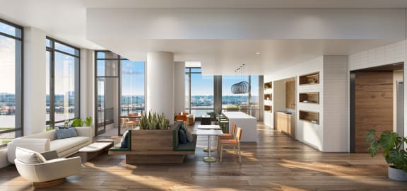 a rendering of a living room with a view of the city
