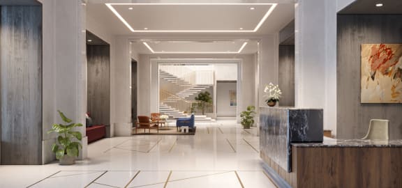 a rendering of a lobby with a reception desk and stairs