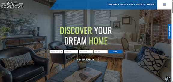 A webpage header for a real estate website showcasing a modern living room.