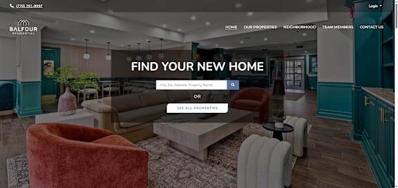 A webpage header for a real estate company named Balfour with a navigation menu and a search bar.