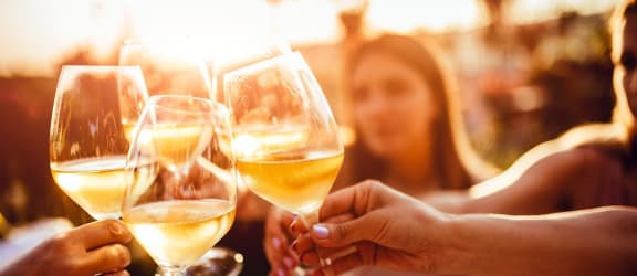 a group of people holding glasses of wine