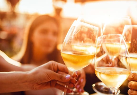 a group of people holding glasses of wine