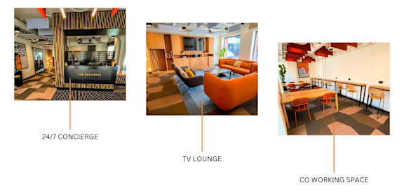 three different views of a living room and a dining room