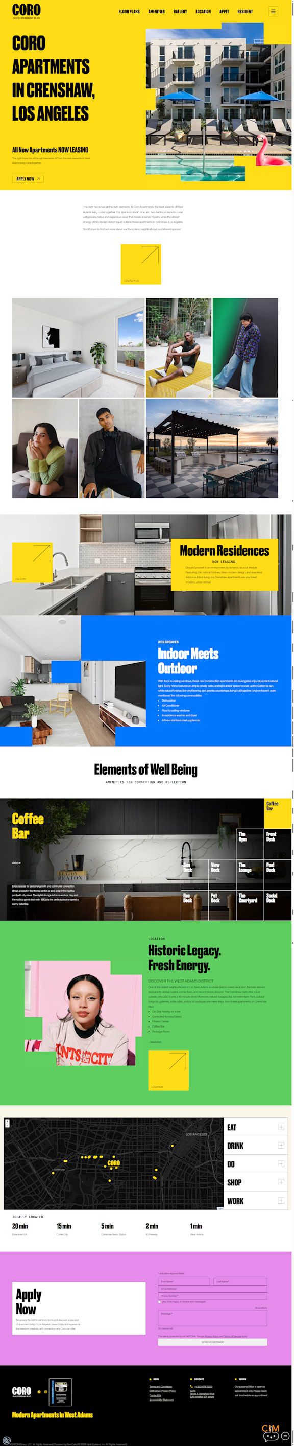 A collage of images showcasing various aspects of Coro Apartments in Crenshaw, Los Angeles.