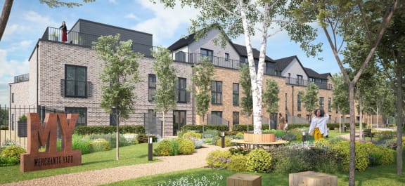 an artist impression of a building with a garden and trees