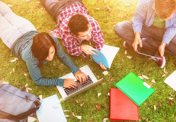 group of young people sitting on the grass with their laptops