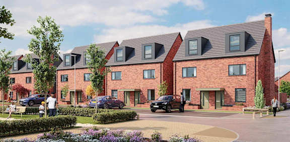 A row of red brick houses with people standing outside. at The Woodlands Apartments, Milton Keynes, MK5 6GS