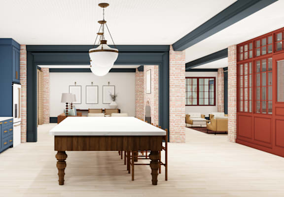 A dining room with a table and chairs.