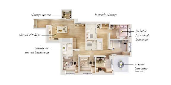 A diagram of a house layout with labeled rooms such as a shared kitchen, private balconies, and lockable storage.