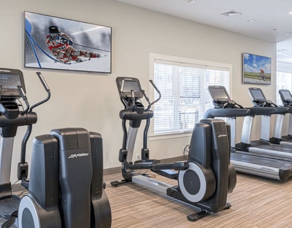 A gym with treadmills and elliptical machines at Axis at Lakeshore Apartments, Bridgewater