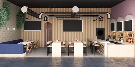 a rendering of the inside of a restaurant with tables and chairs at The Lucky Apartments, Culver City