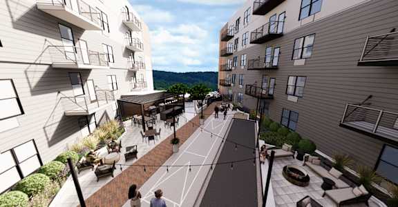an artist impression of a pedestrianised street between two apartment buildings