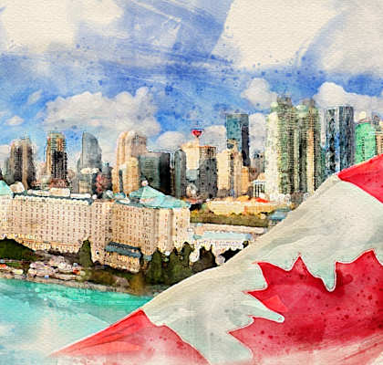 a watercolor painting of a city with a flag