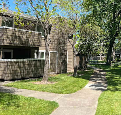 A tree-lined walkway leads to a building with a balcony.
