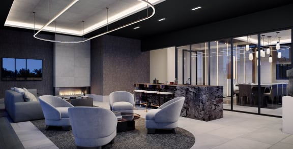 a rendering of a lobby with chairs and a fireplace