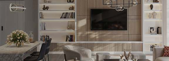 A modern living room with a dining area and a kitchen in the background.