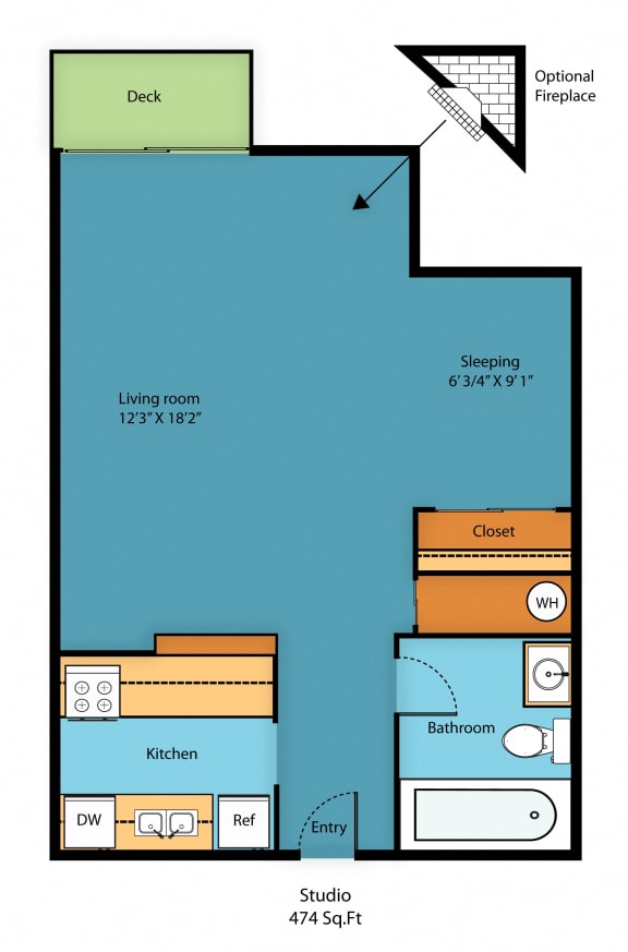 Studio 1 Floor Plan at Casa Blanca Apartment Homes, Everett, WA