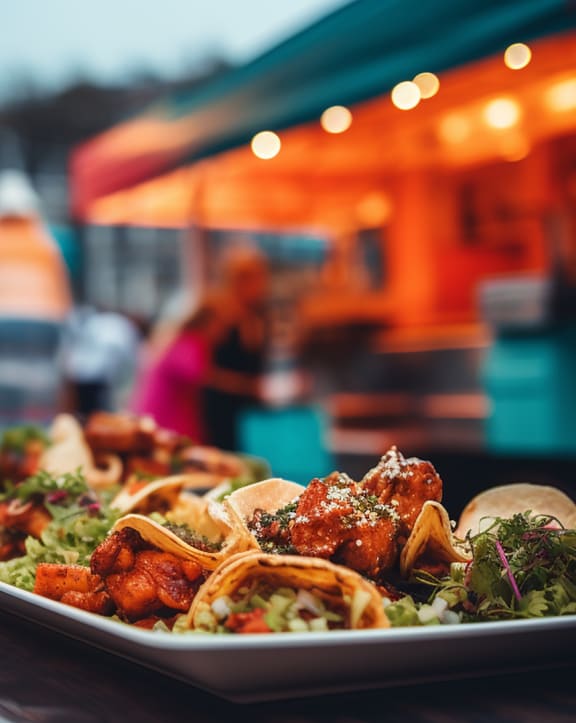 a row of plates of food on a wooden table