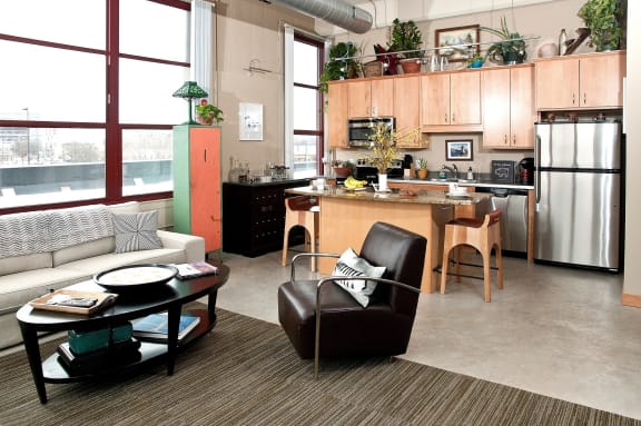 Kitchen And Living at Buzza Lofts of Uptown, Minnesota, 55408