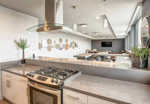A modern kitchen with a stainless steel stove and a range hood.