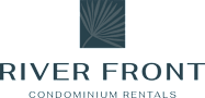 A logo for Riverfront Condominium Rentals with a palm leaf design.