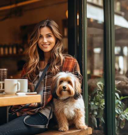 a woman sitting at a table with her dog