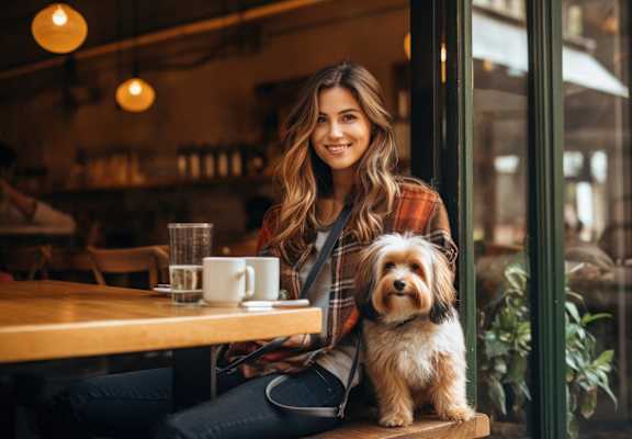 a woman sitting at a table with her dog