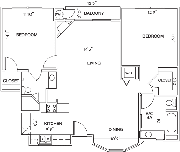2 Bedroom Floor Plan at Toluca Court, Toluca Lake, CA, 91602