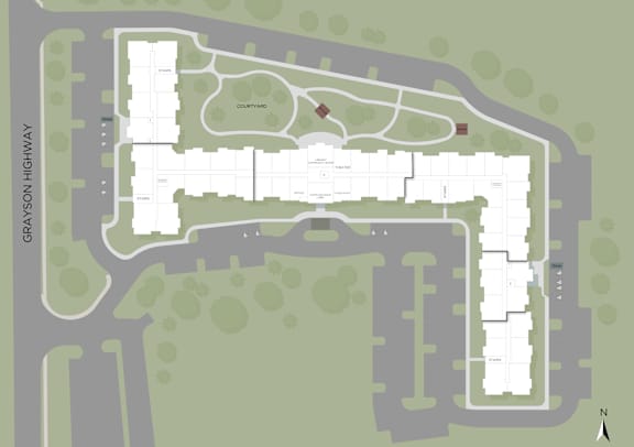 A map of a residential area with a courtyard and a golf course.